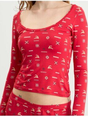 NEW Skims Sleep Scoop Neck Long Sleeve Top Size XL Red White Reindeer Stretch